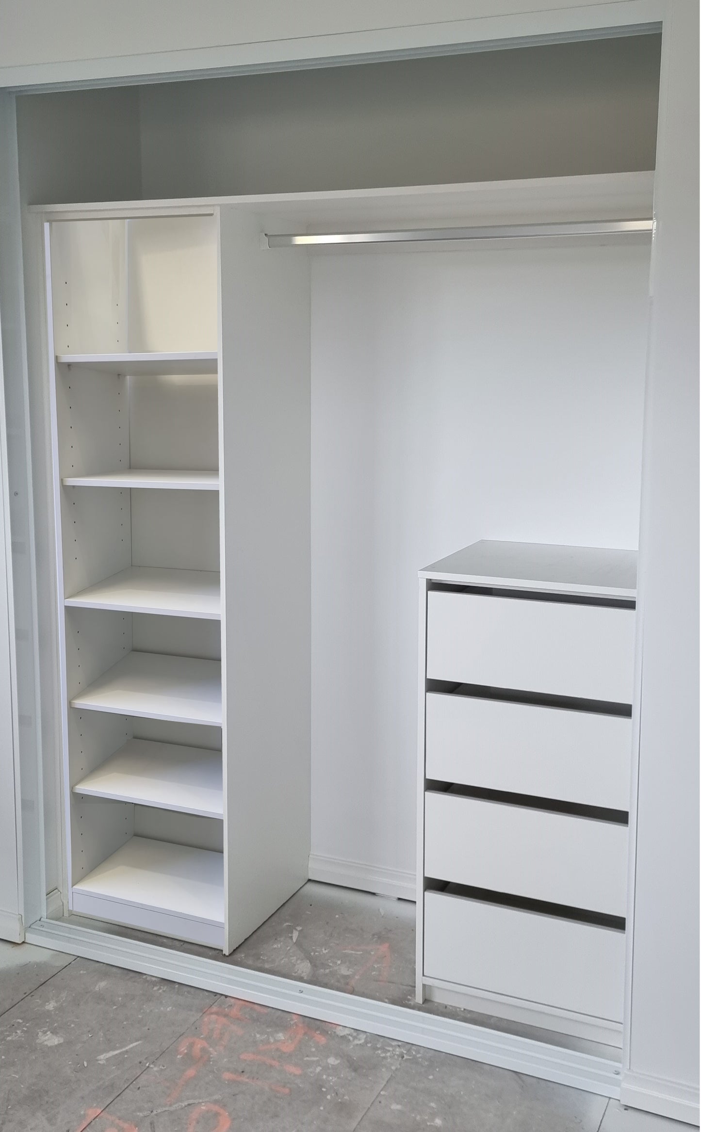 White Melamine Cabinetry Design J - DIY Kit - Shelf Tower / Lowboy Drawers Combo